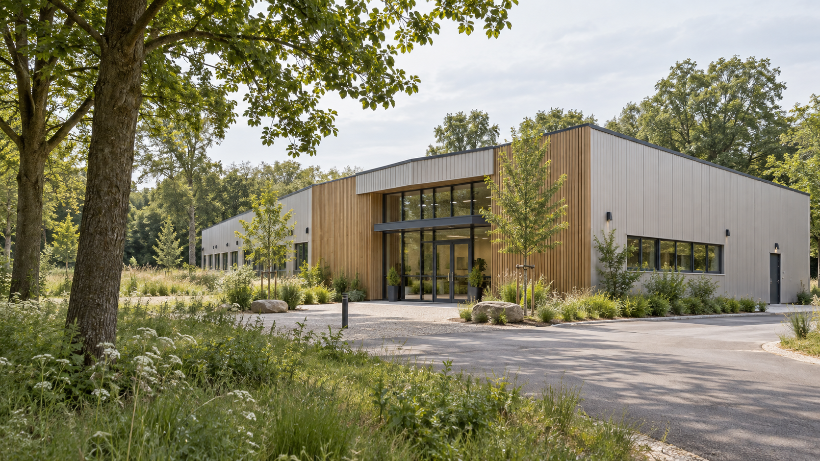 AI-generated architectural concept of a low-rise production building among trees; not the Wisemeal facility