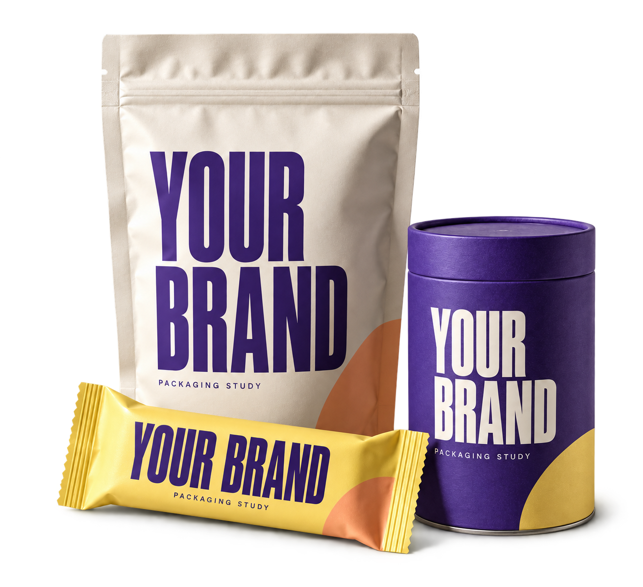 Illustrative customer packaging: pouch, bar and canister labelled Your Brand